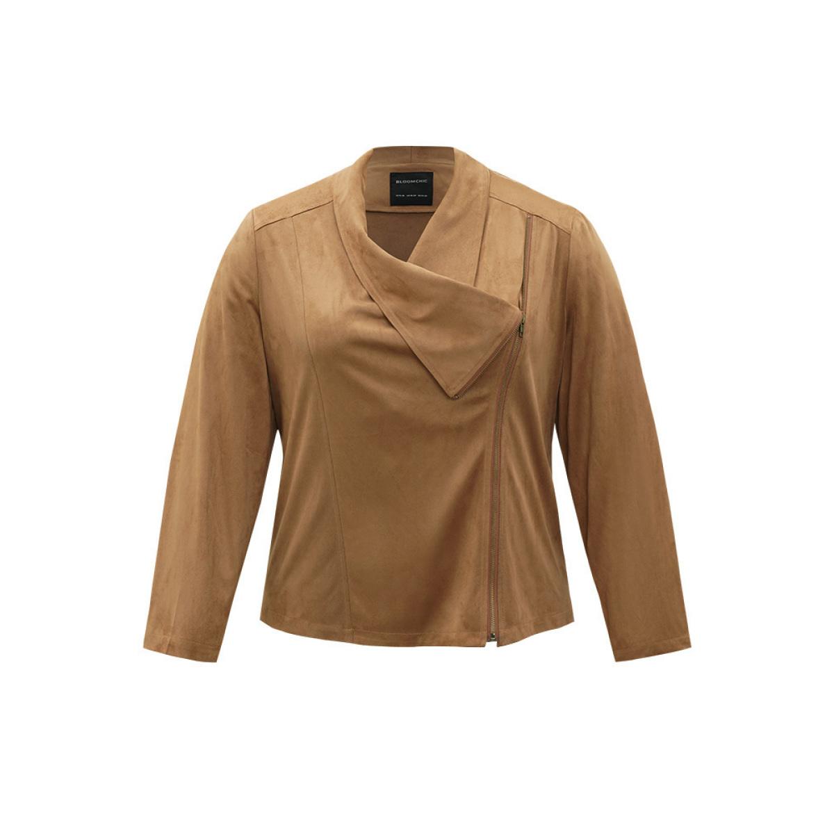 Plus Size Plain Zipper Lapel Collar Jacket Women Bronze Casual Plain Ladies Dailywear Winter Coats BloomChic 12/L Product Image