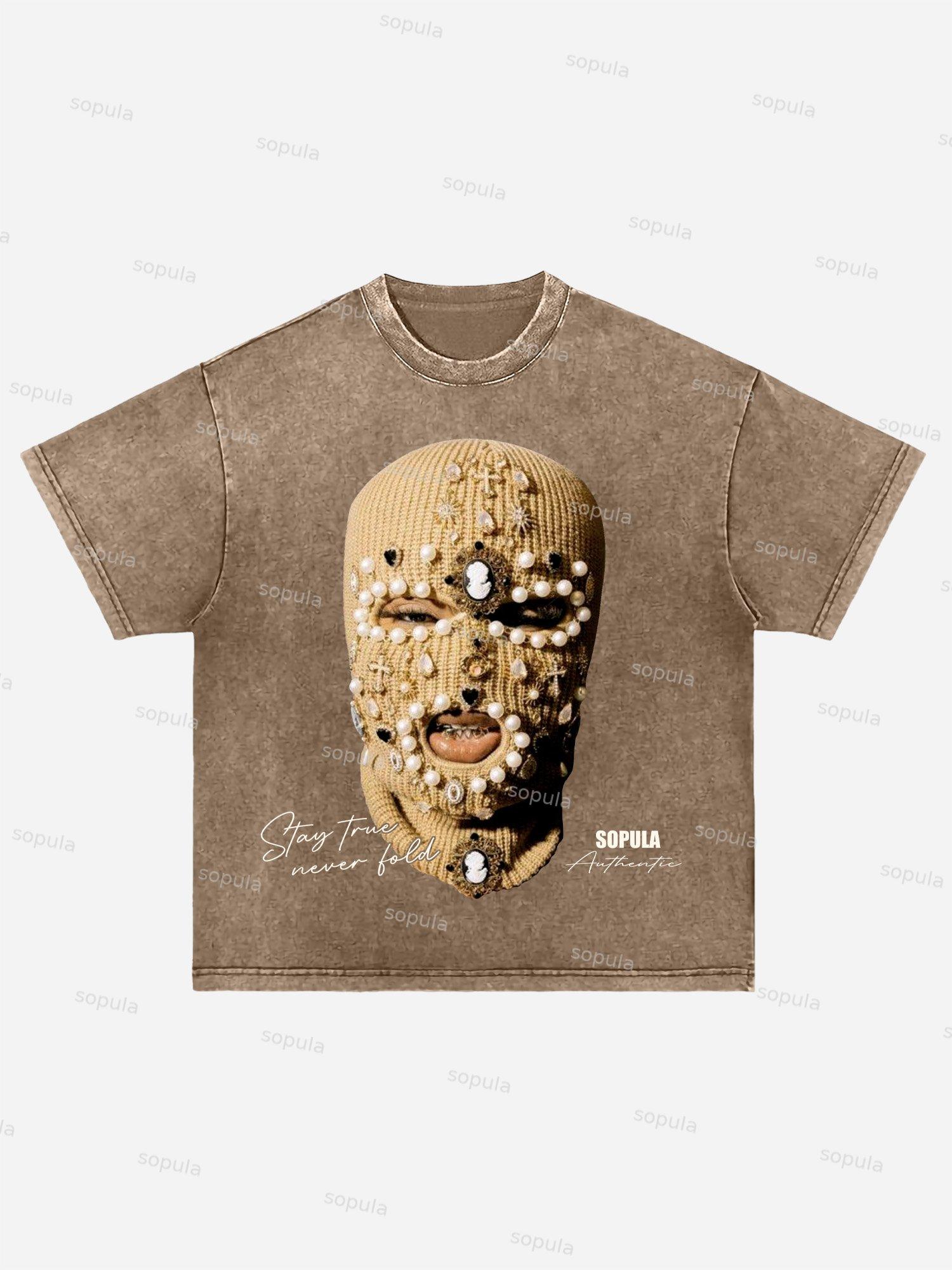 Sopula Gangster Jewelry Mask Portrait Graphic Acid Wash T-shirt Product Image