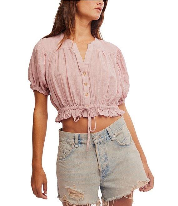 Free People Little Cloud Split Neck Short Puff Sleeve Shirt Product Image
