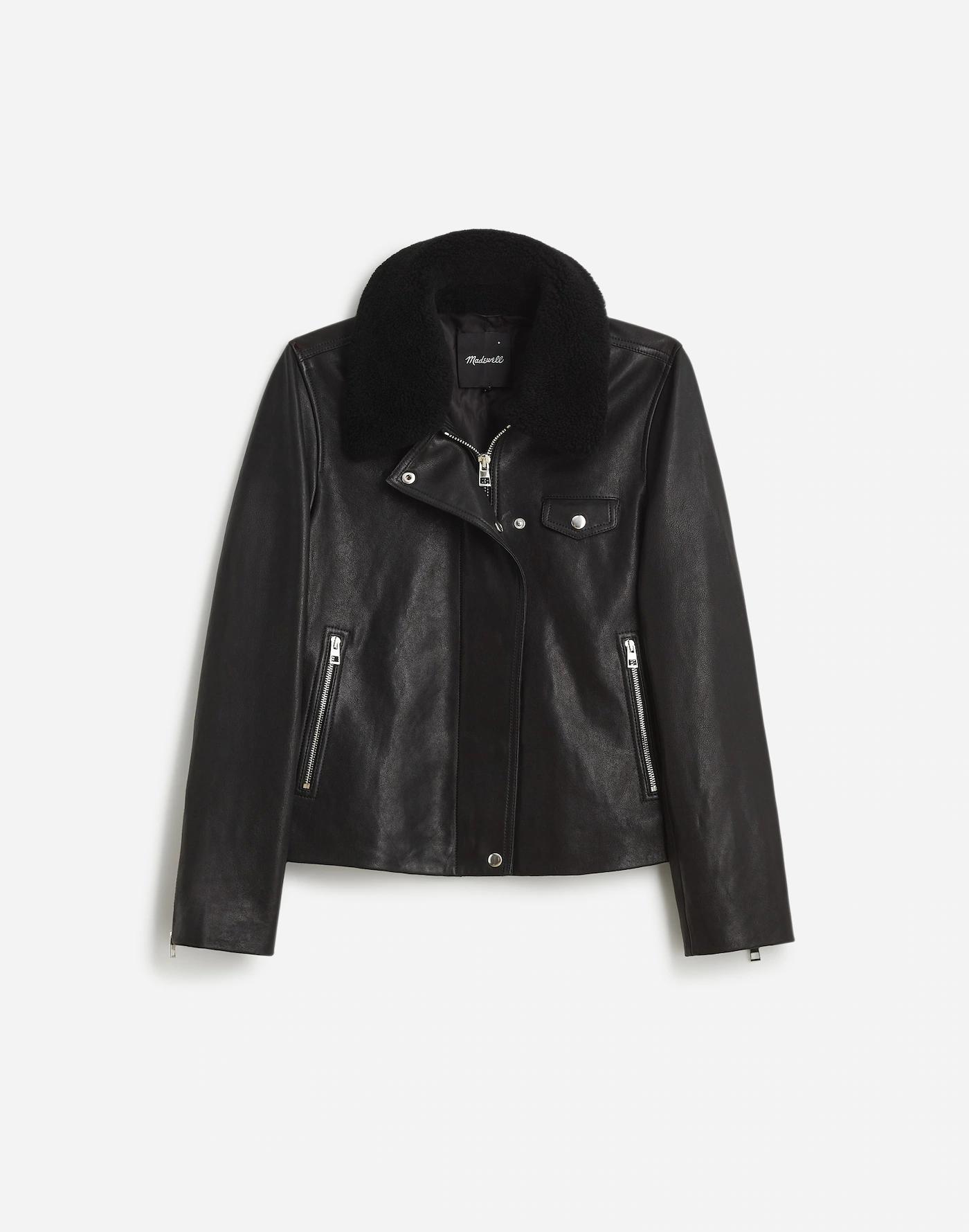 Sherpa-Collar Asymmetric Zip-Front Jacket in Leather Product Image