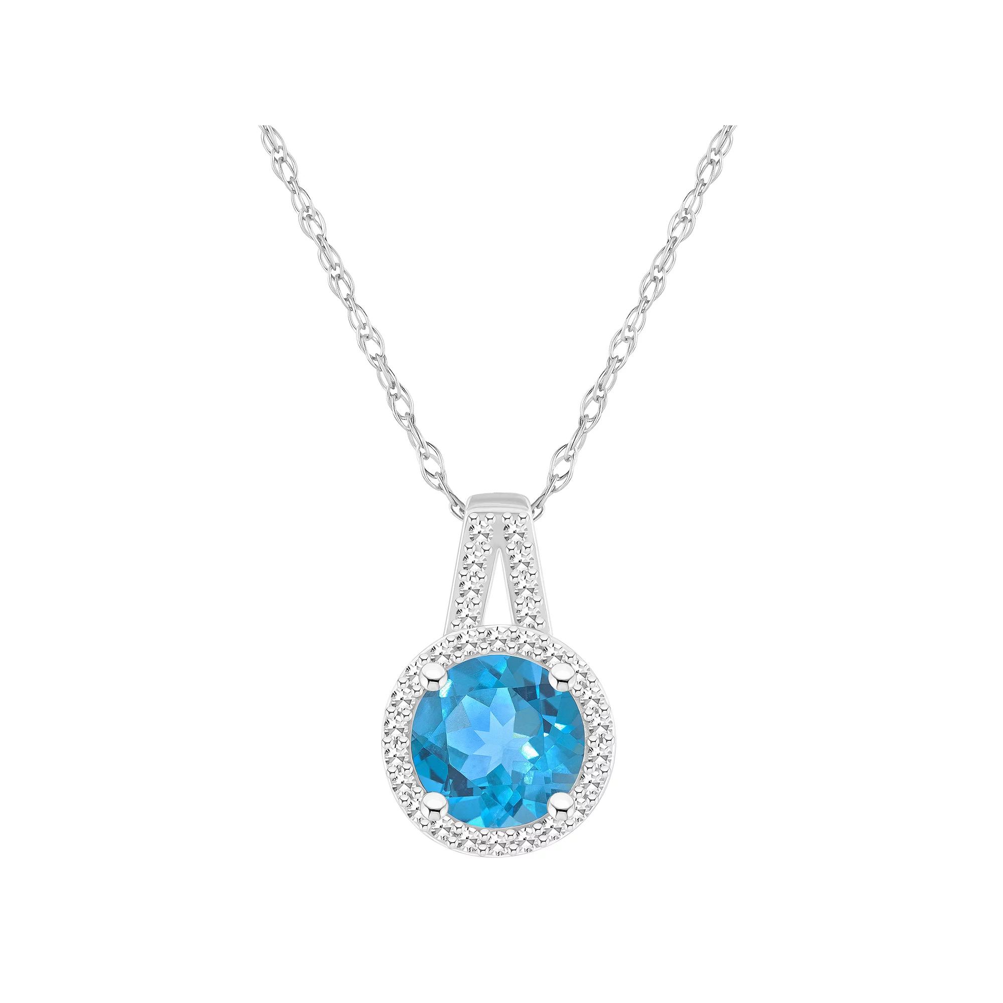 Celebration Gems Sterling Silver 7 mm Round Gemstone & 1/8 Carat T.W. Diamond Halo Pendant Necklace, Women's,  Product Image
