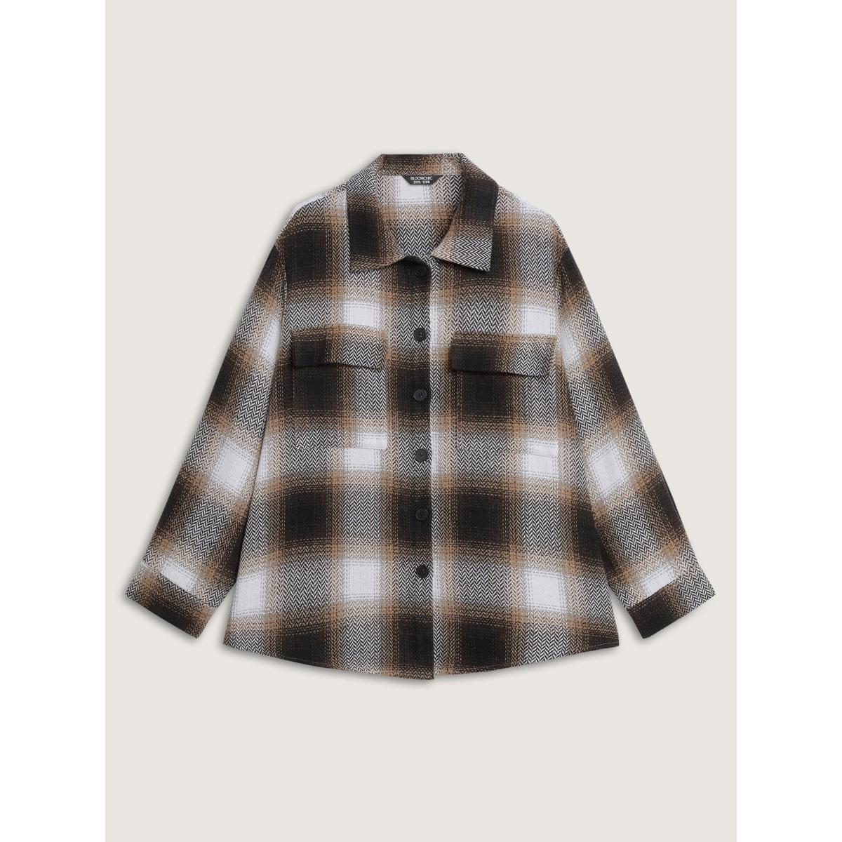Plus Size Plaid Print Button-Down Jacket Women DarkBrown Patch pocket Casual Jackets BloomChic 12/L Product Image