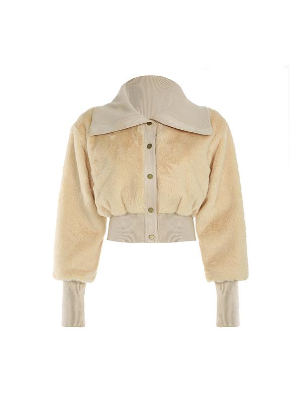 Solid Color Lapel Plush Waist Jacket Product Image