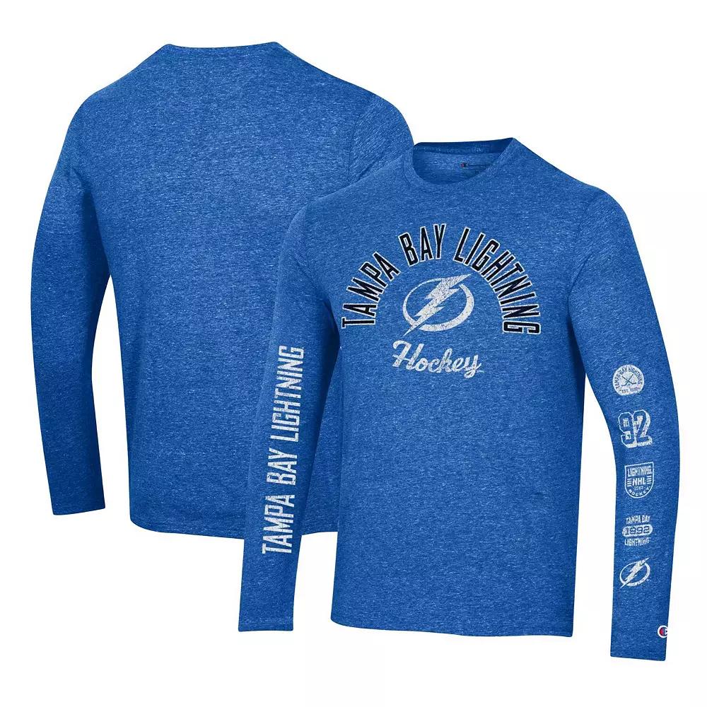 Men's Champion Heather Blue Tampa Bay Lightning Multi-Logo Tri-Blend Long Sleeve T-Shirt,  Product Image