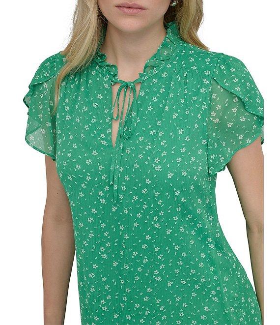 DKNY by Donna Karan Woven Floral Print Mock Neck Short Sleeve Front Tie Shift Mini Dress Product Image