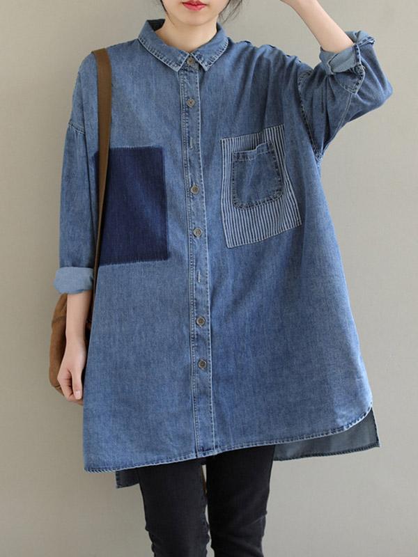 High-Low Long Sleeves Asymmetric Buttoned Pockets Split-Joint Lapel Blouses&Shirts Tops Product Image