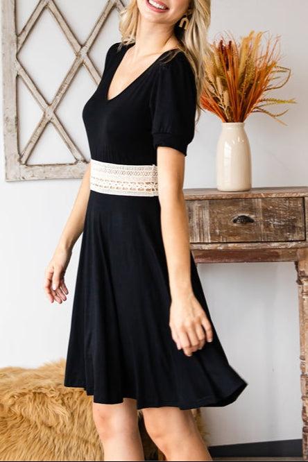 Black Crochet Waist V-Neck Dress Product Image