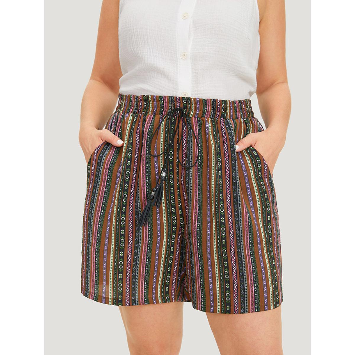 Plus Size Bandana Striped Drawstring Tassel Beaded Detail Shorts Women Multicolor Vacation Tassels Dailywear Shorts BloomChic 12/L Product Image