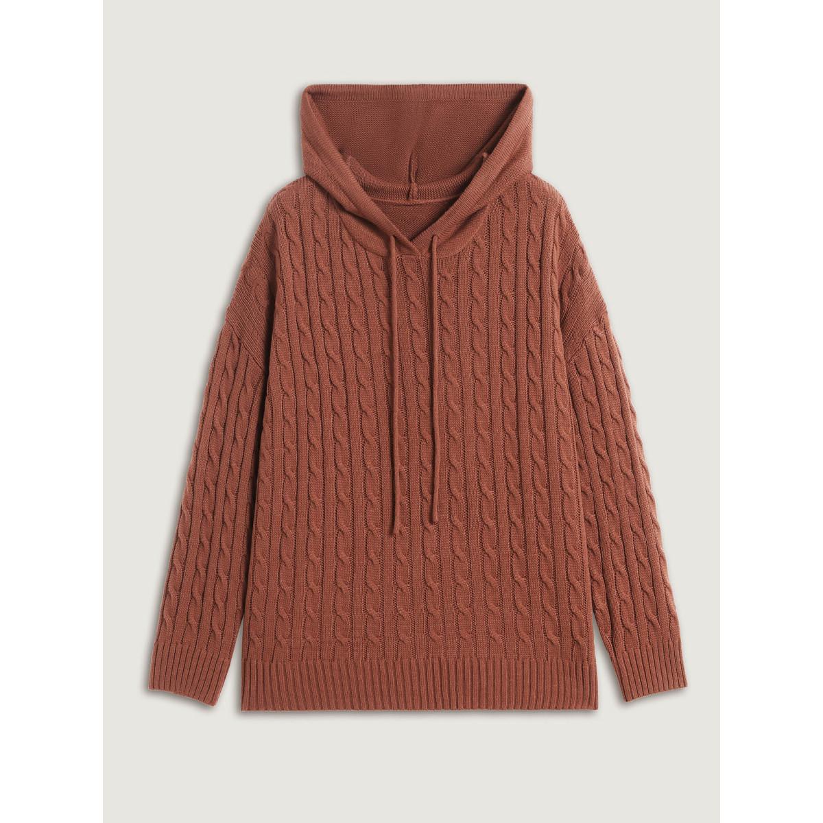 Plus Size Textured Hooded Ribbed Hem Pullover Yellowishbrown Women Leisure Loose Long Sleeve Hooded Casual Pullovers BloomChic 12/L Product Image