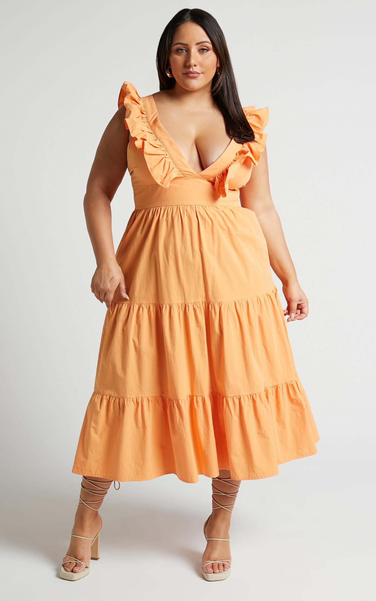 Levona Midi Dress - Ruffle Shoulder Tiered Dress in Orange Product Image