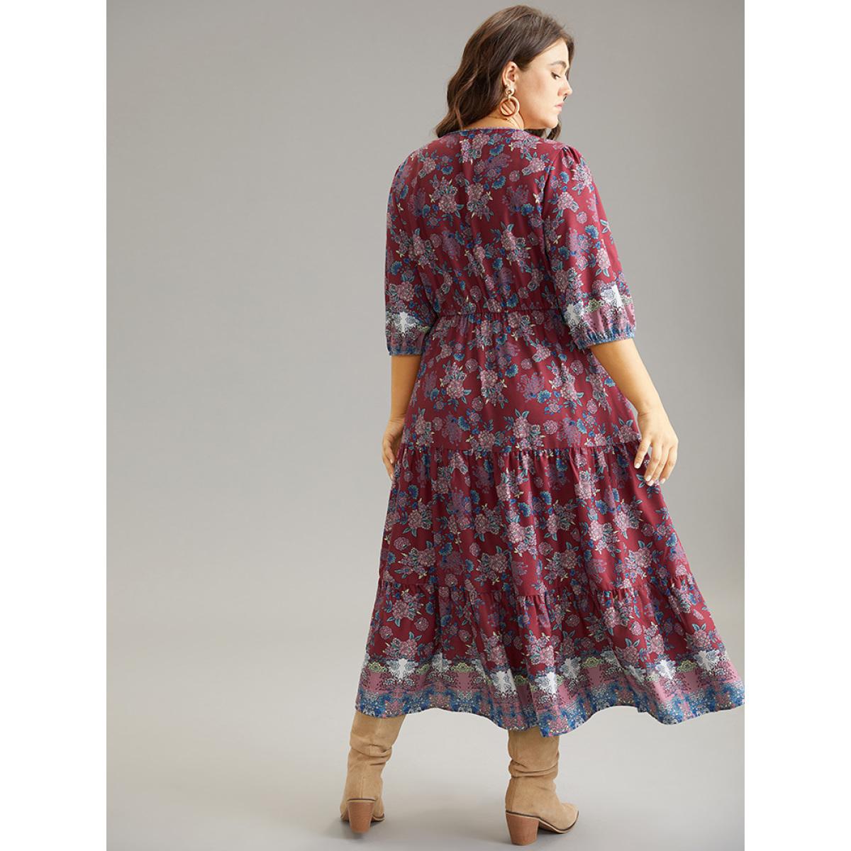 Plus Size Boho Print Button Detail Ruffle Layered Hem Dress RedViolet Women Resort Elastic cuffs V-neck Elbow-length sleeve Curvy Midi Dress BloomChic 22-24/3X Product Image