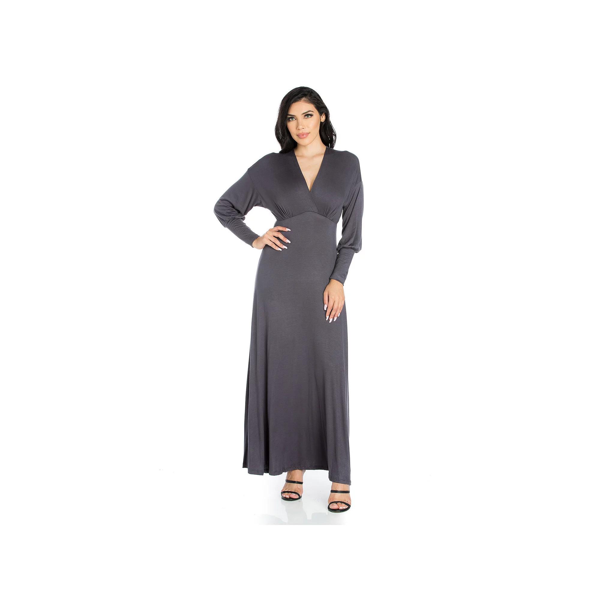 Women's 24seven Comfort Apparel V-Neck Long Sleeve Flared Maxi Dress,  Product Image