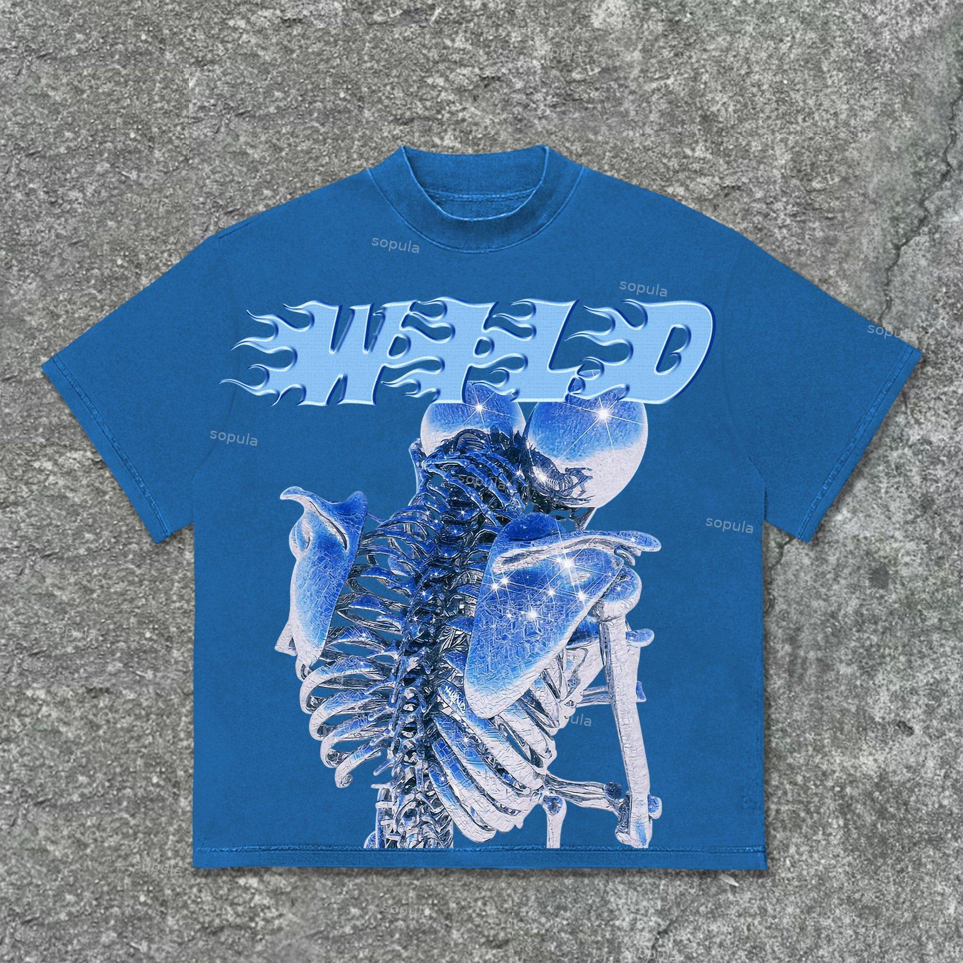 Sopula Vintage Blue Skull Graphic Print Cotton T-Shirt Product Image