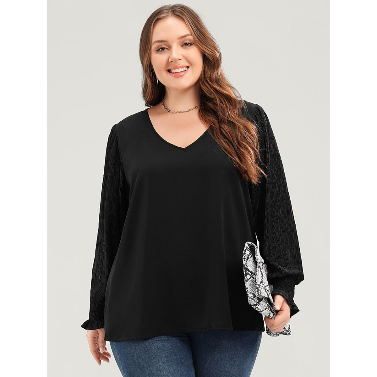 Plus Size Black Solid V Neck Puff Sleeve Blouse Women Elegant Long Sleeve V-neck Dailywear Blouses BloomChic 22-24/3X Product Image
