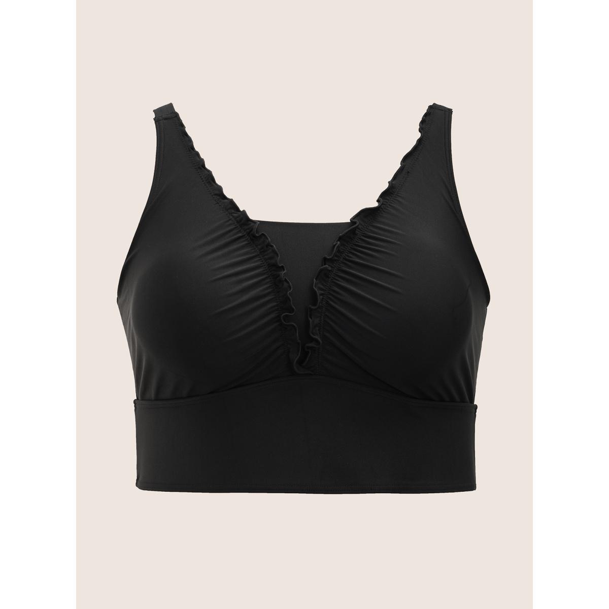 Plus Size V Neck Gathered Frill Trim Swim Top Women's Swimwear Black Beach Gathered High stretch Skinny V-neck Curve Swim Tops BloomChic 14-16/1X Product Image