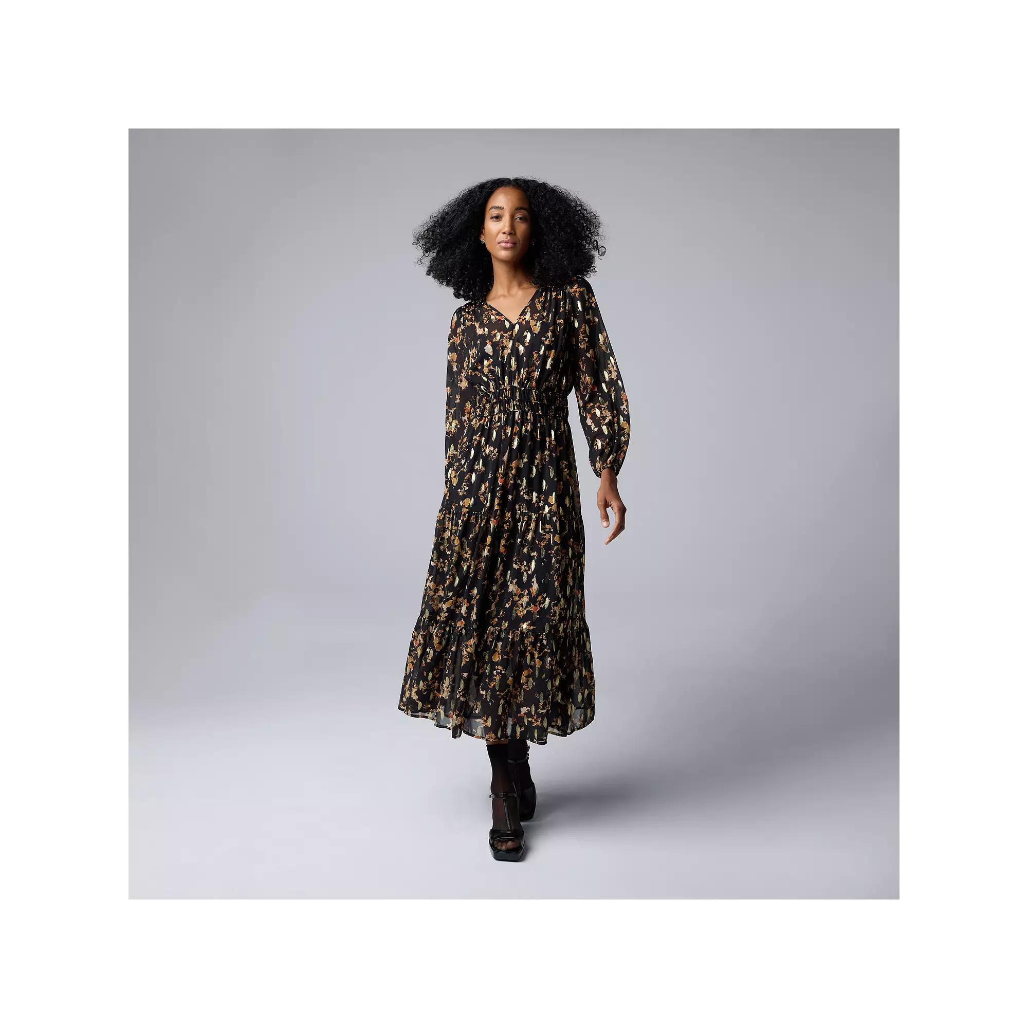 Women's Simply Vera Vera Wang V-Neck Tiered Maxi Dress, Size: XS, Black Gold Petals Product Image