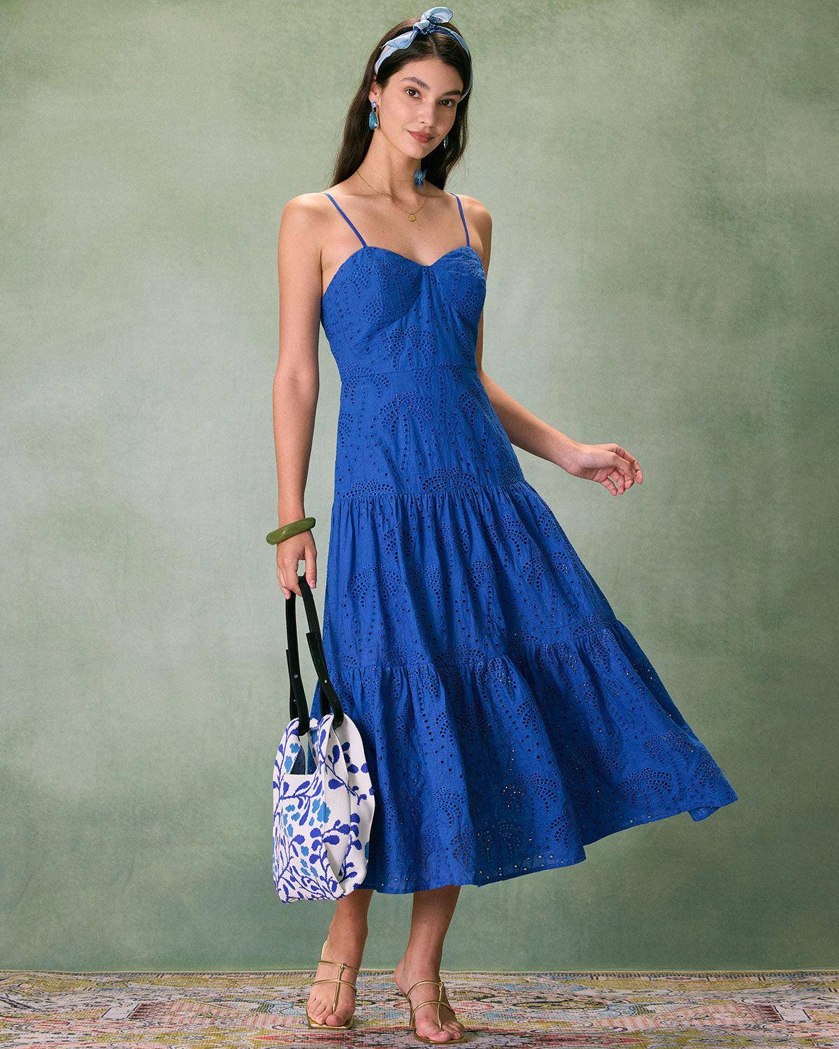 The Blue Sweetheart Neck Embroidery Slip Midi Dress Product Image
