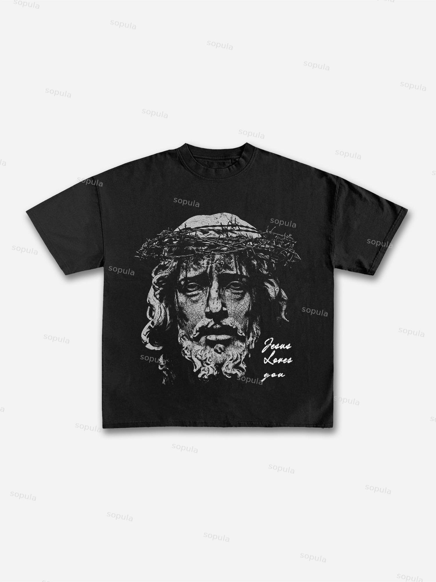 Jesus Portrait Print Cotton T-shirt Product Image