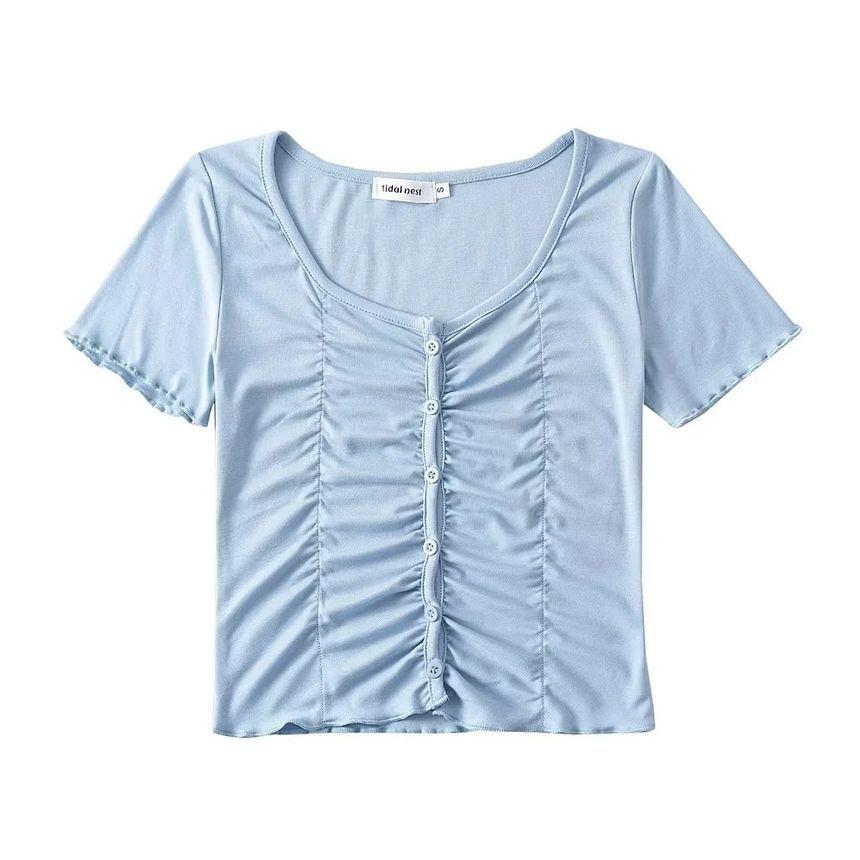 Short Sleeve Plain Ruched Slim-Fit Crop Top Product Image