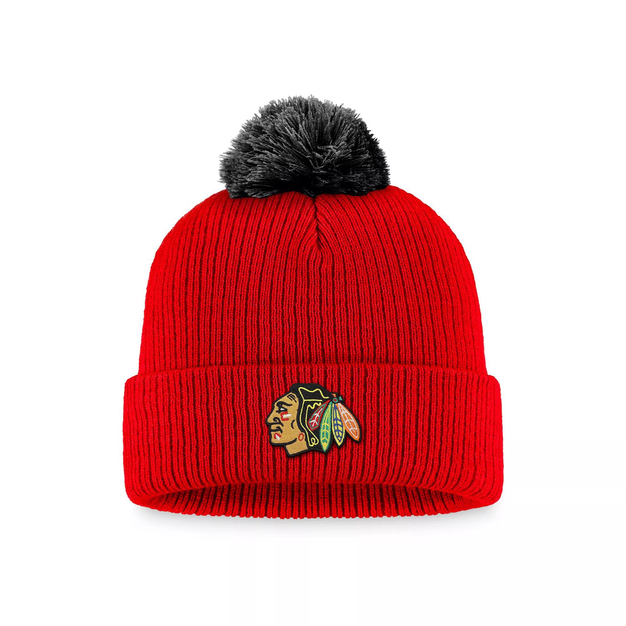 Men's Fanatics Branded Red Chicago Blackhawks Team Cuffed Knit Hat with Pom Product Image
