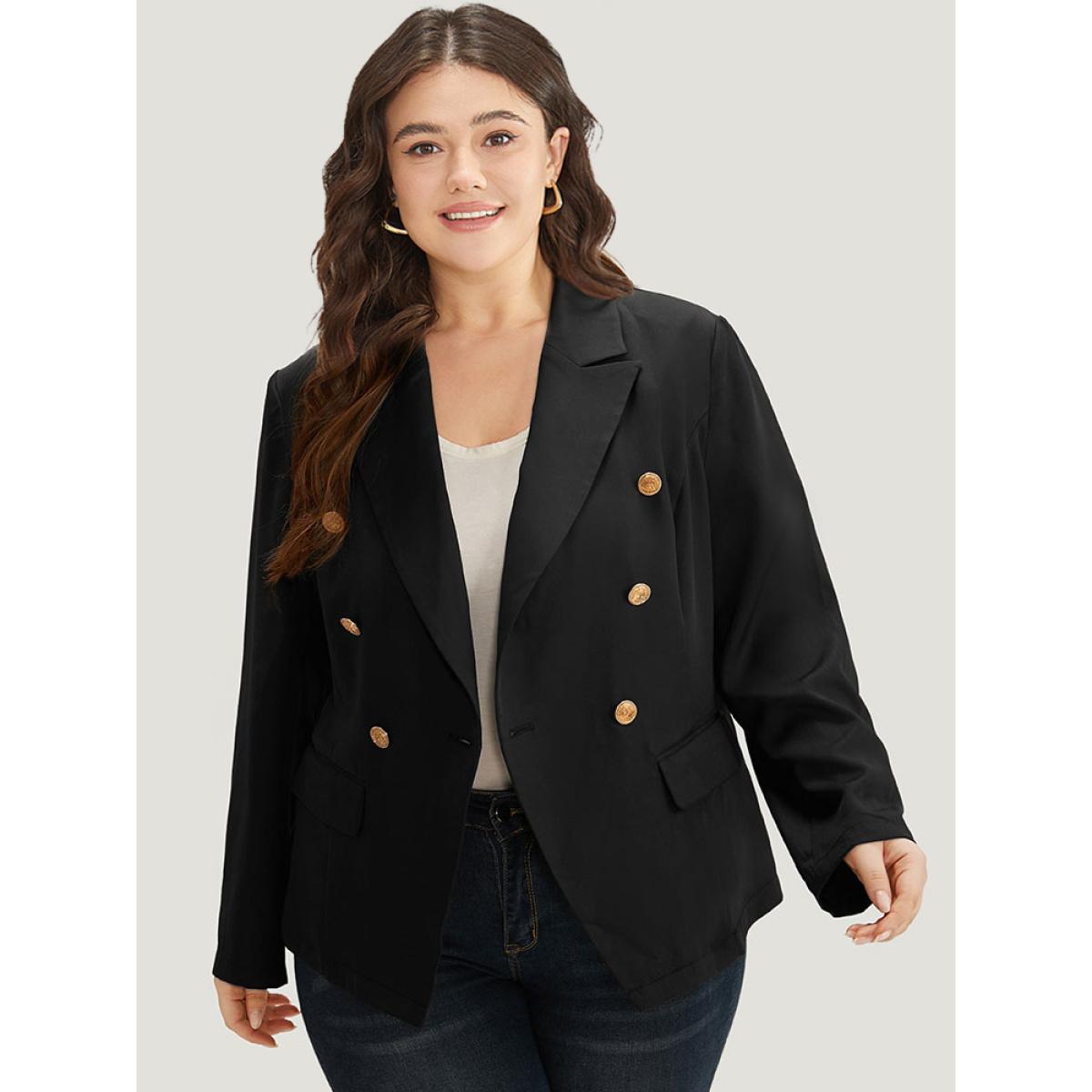 Plus Size Suit Collar Buckle Detail Pocket Blazer Black Women Office Plain Plain Sleeve Long Sleeve Suit Collar 22-24/3X Pocket Workwear Essentials Blazers BloomChic Product Image
