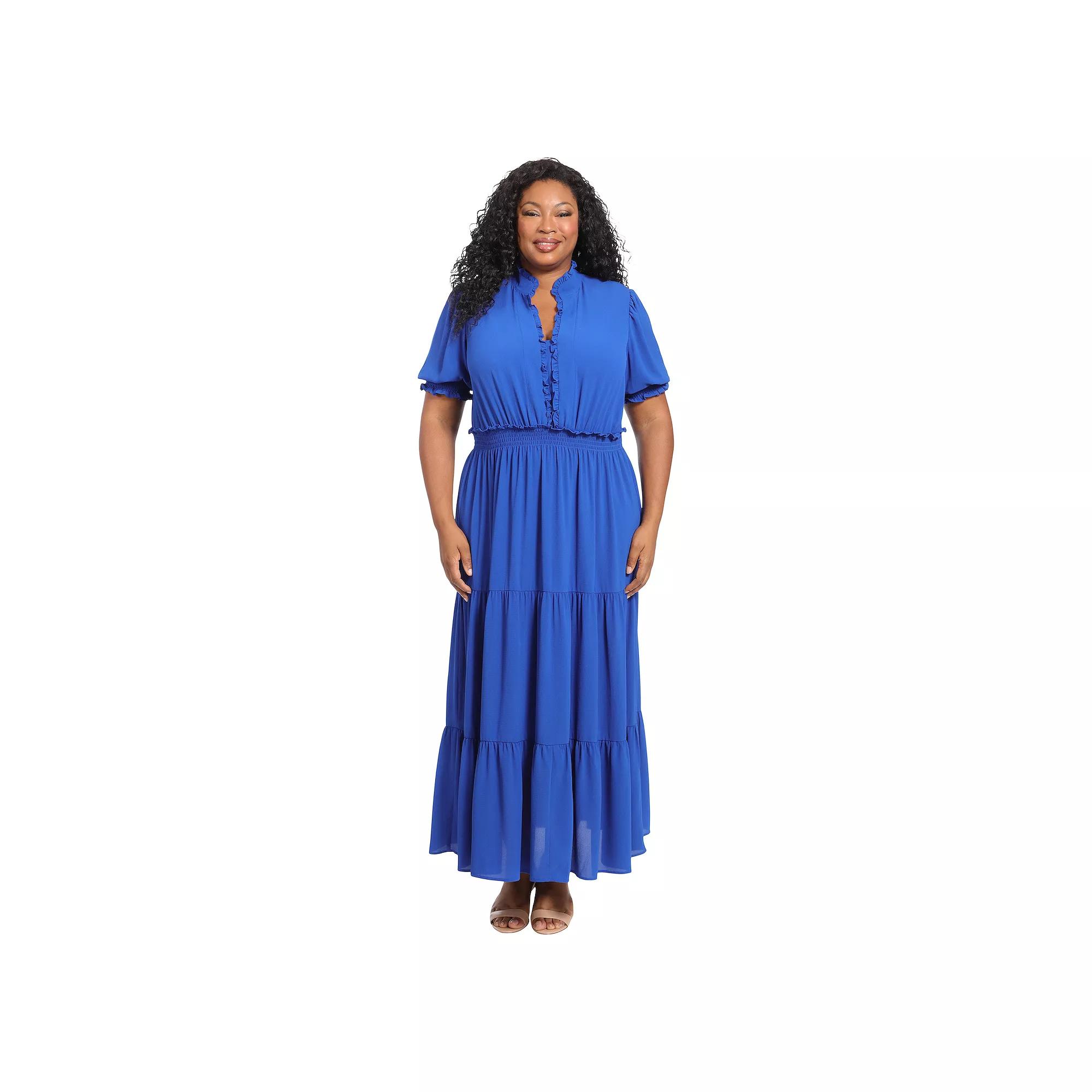 Plus Size London Times Smock Puff Sleeve Ruffle Neck Maxi Dress, Womens Blue Product Image