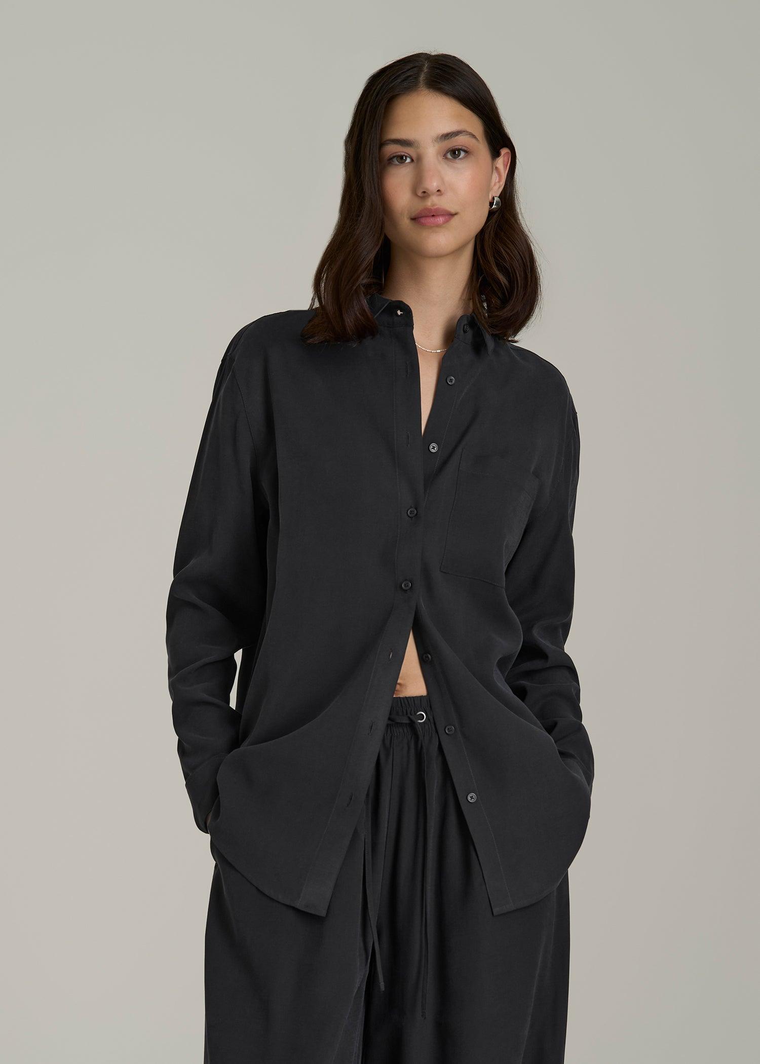 Relaxed Button-Up Single-Pocket Blouse for Tall Women in Vintage Black Female Product Image