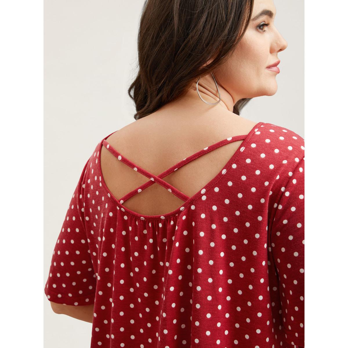 Plus Size Polka Dot Back-Tie Flared Sleeve T-Shirt Raspberry Women Casual Gathered Round Neck Everyday T-shirts BloomChic 18-20/2X Product Image
