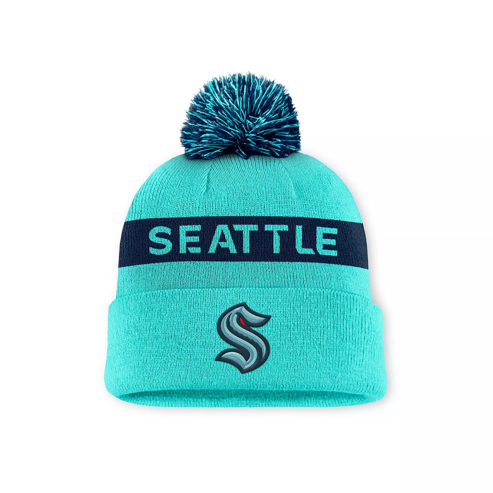 Women's Fanatics Light Blue/Navy Seattle Kraken Authentic Pro Rink Cuffed Knit Hat with Pom, Krk Light Product Image