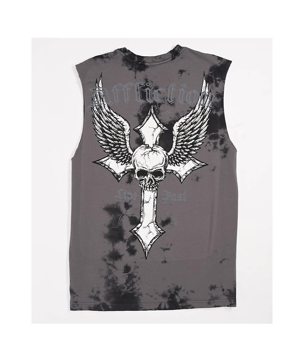 Afflicition Crossed Over Cutoff Black Tie Dye Tank Top Product Image