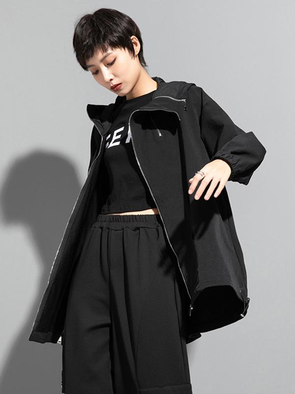 Fashion Irregularity Loose Solid Color Zipper Hooded Outerwear Product Image