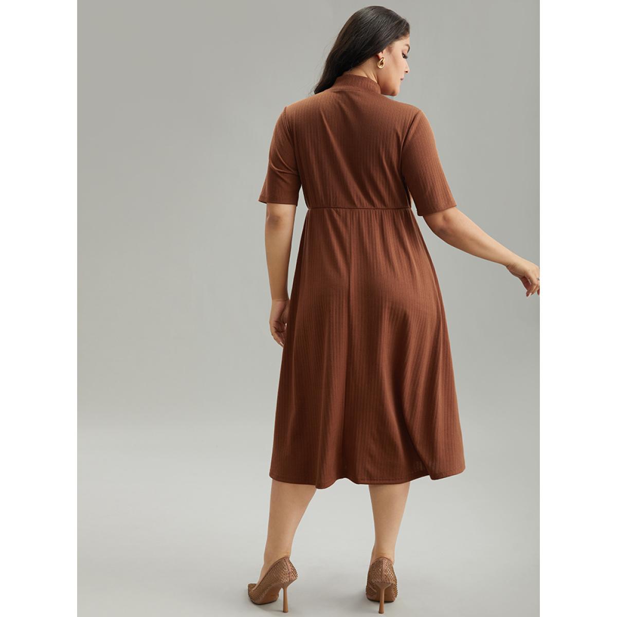 Plus Size Solid Rib Knit Mock Neck Pocket Dress Chocolate Women Office Plain Mock Neck Short sleeve Curvy Midi Dress BloomChic 22-24/3X Product Image