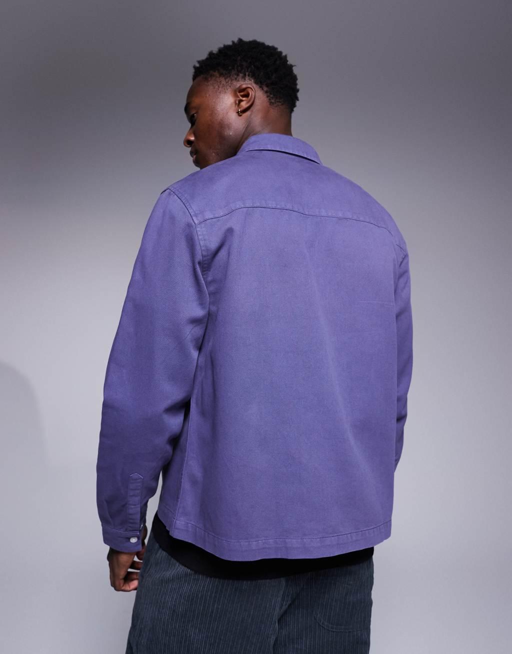 ASOS DESIGN boxy overshirt with badge in navy Product Image