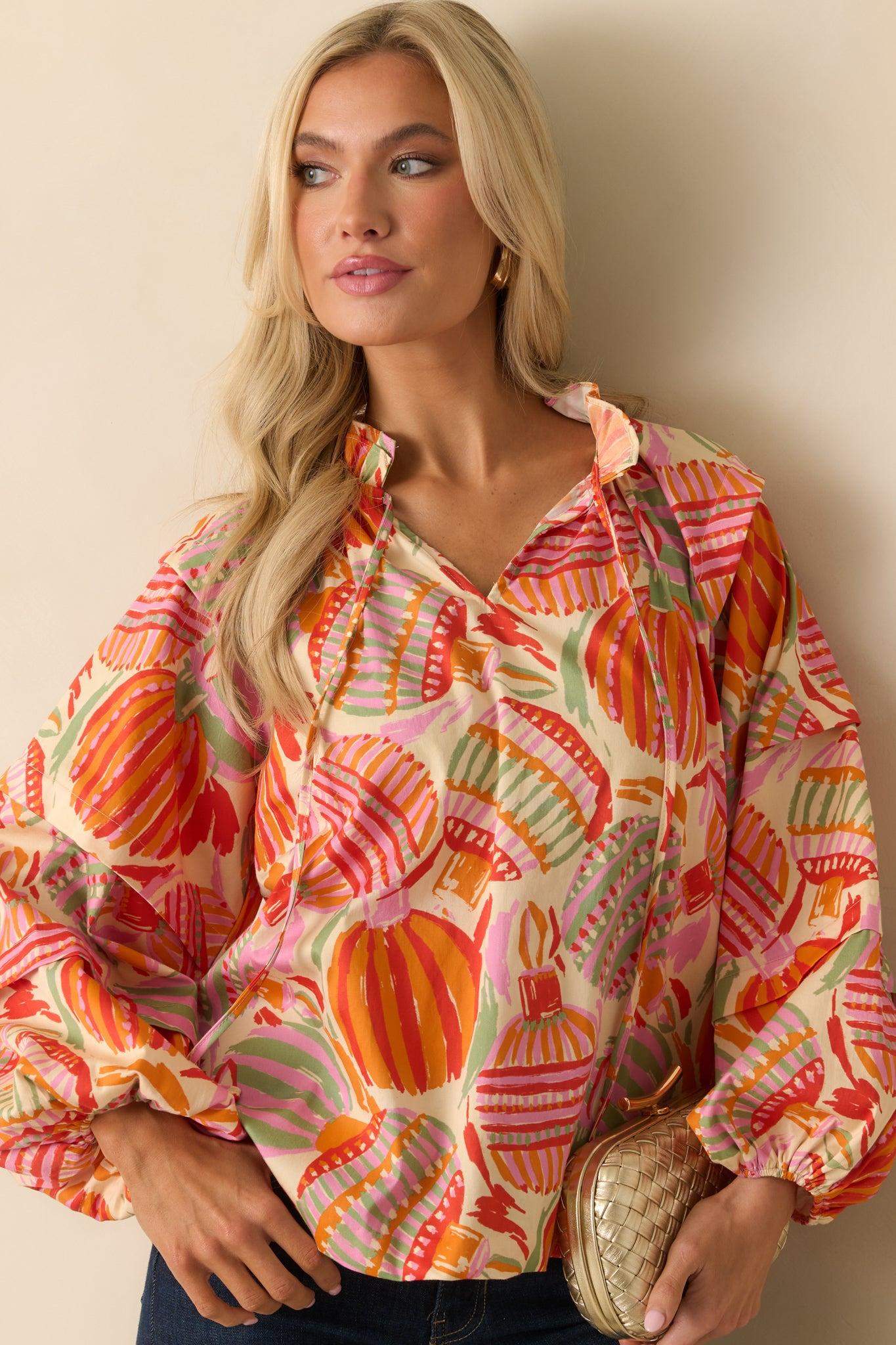 Prosperina Tara Pink Multi Cotton Ornament Print Peasant Top Product Image