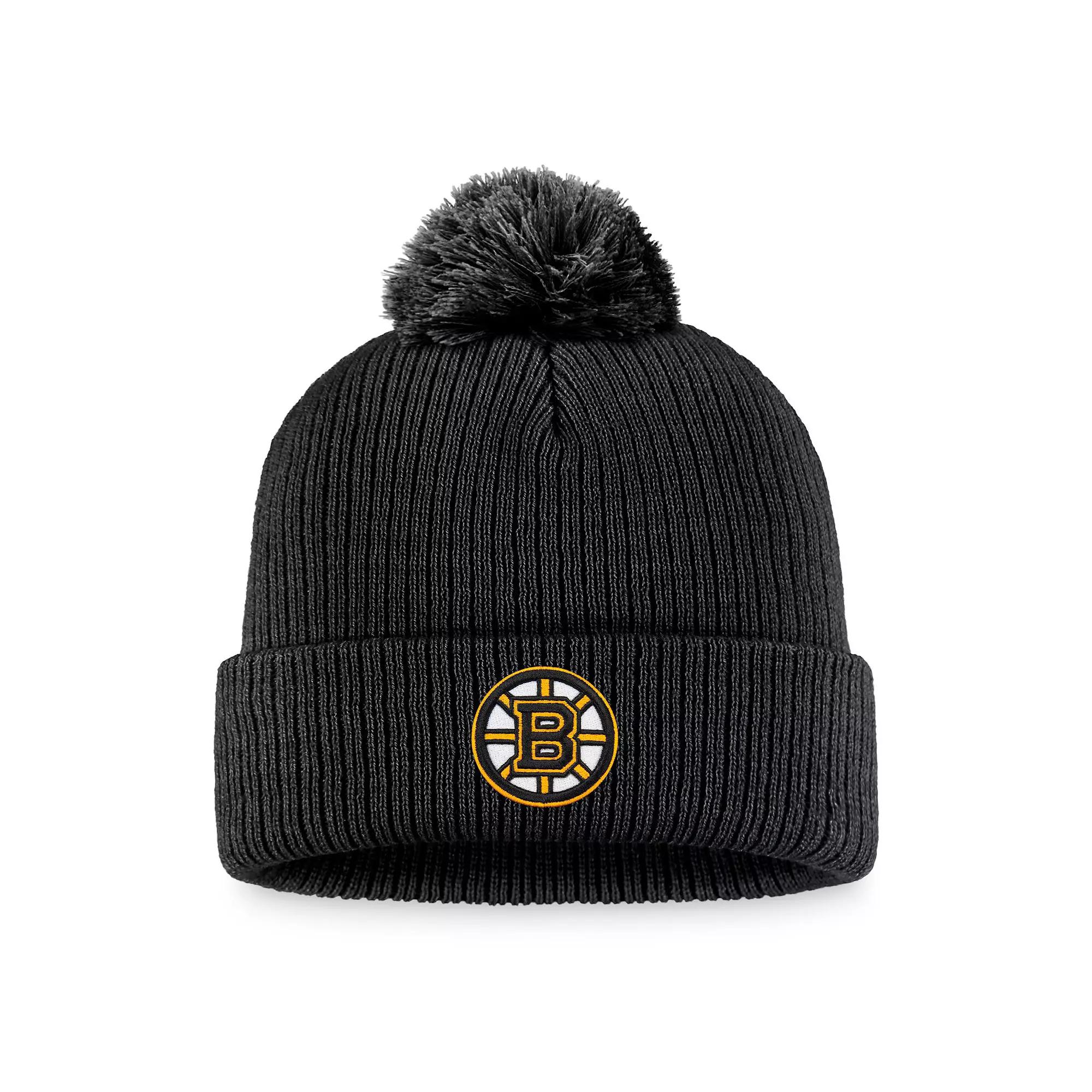 Men's Fanatics Branded Black Boston Bruins Core Primary Logo Cuffed Knit Hat with Pom Product Image