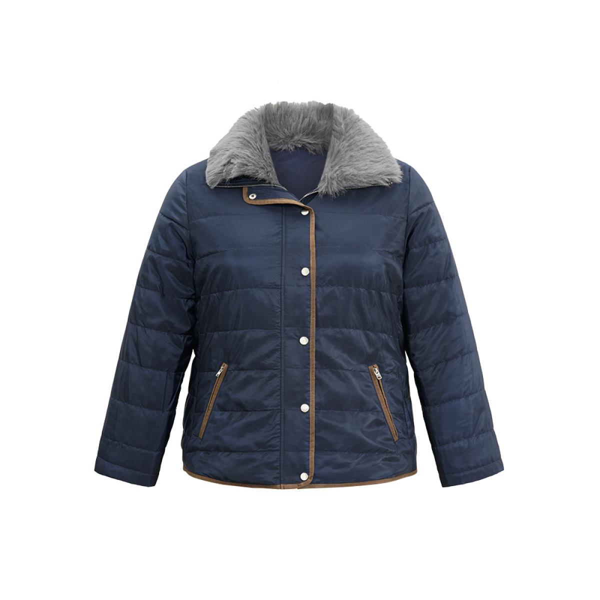 Plus Size Fuzzy Trim Patchwork Zipper Padded Jacket Women Indigo Zipper Pocket Dailywear Jackets BloomChic 26/4X Product Image