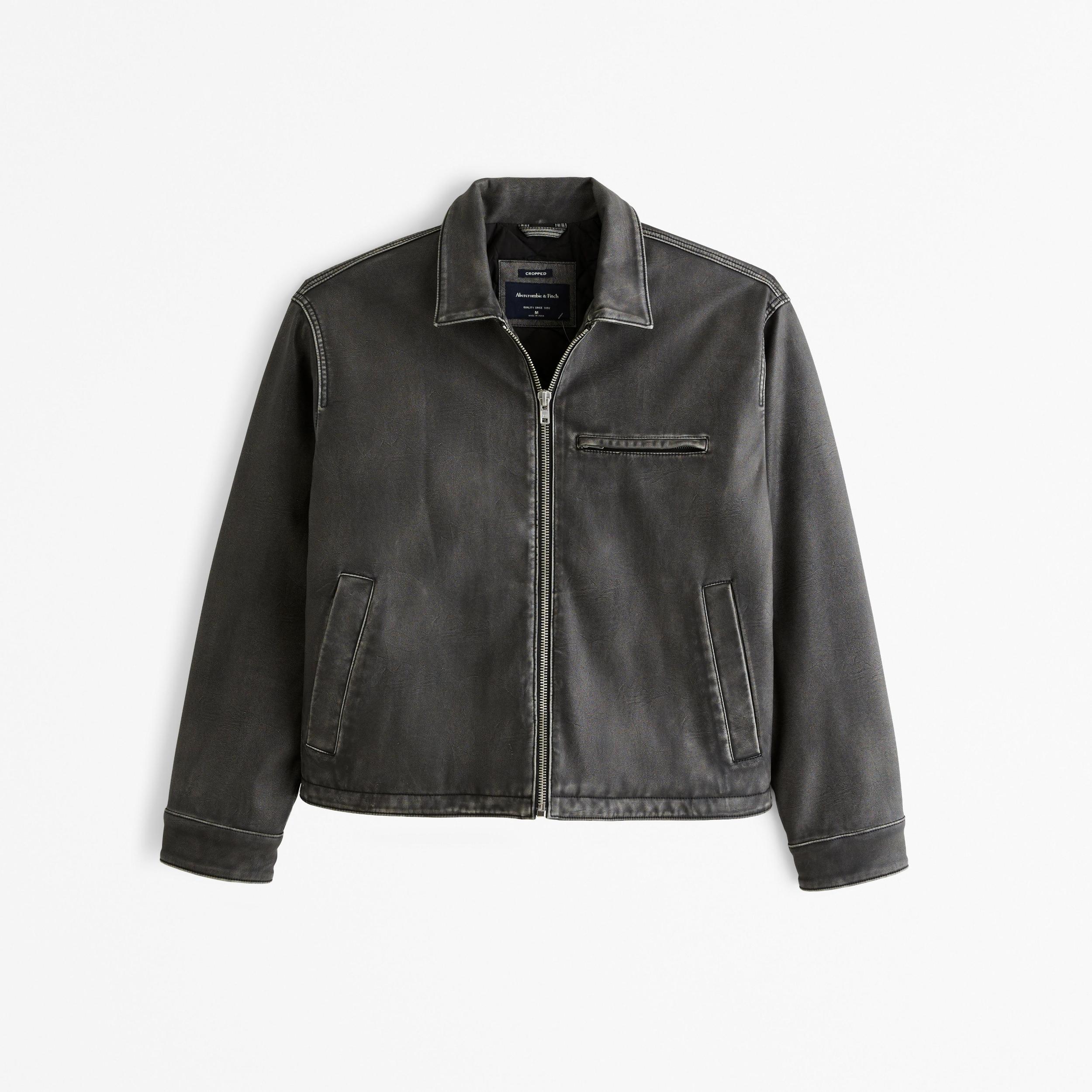 Cropped Vegan Leather Zip Trucker Jacket Product Image