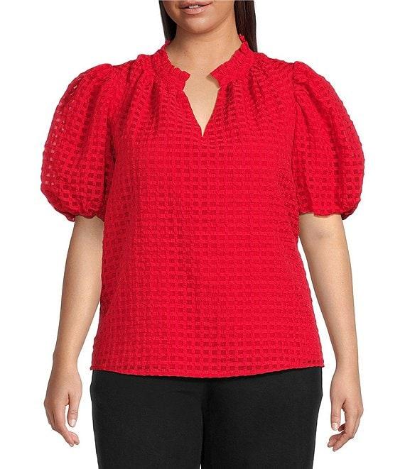 Sugarlips Plus Size Gingham Organza Split V-Neck Short Puff Sleeves Blouse Product Image