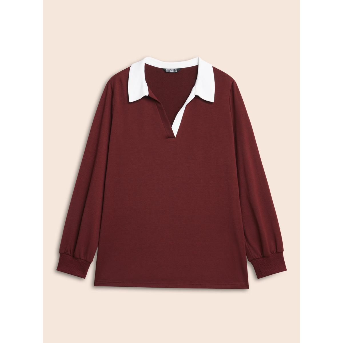 Plus Size Polo Neck Contrast Patchwork Sweatshirt Women Burgundy Casual Contrast Polo Everyday Sweatshirts BloomChic 14-16/1X Product Image