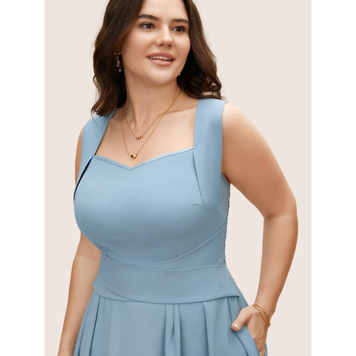 Plus Size Heart Neckline Crossover Shirred Midi Dress LightBlue Women Elegant Pleated Heart neckline Sleeveless Curvy BloomChic 10/M Product Image
