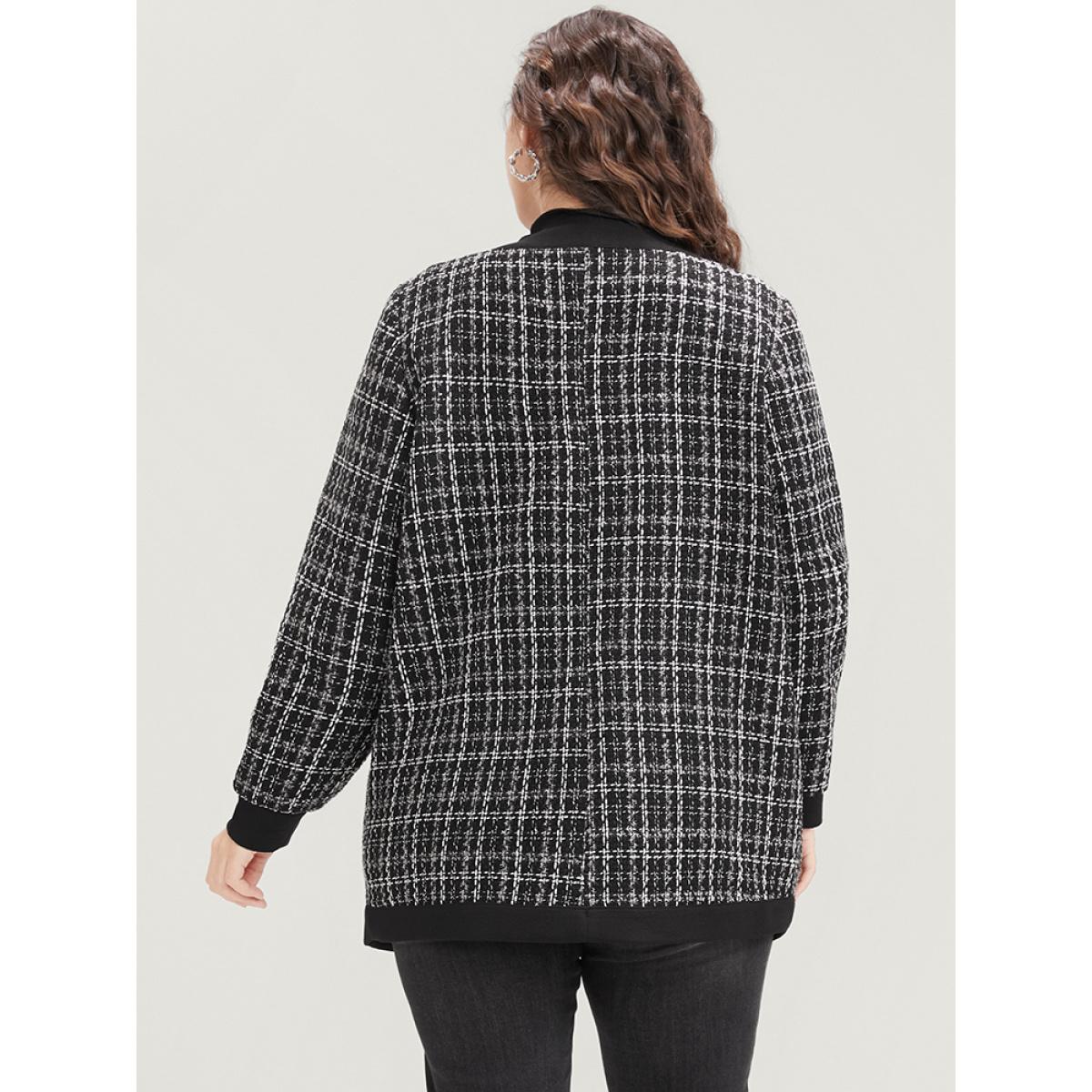 Plus Size Contrast Trim Pocket Button Up Plaid Tweed Coat Women Black Office Ladies Office Winter Coats BloomChic 28/5X Product Image