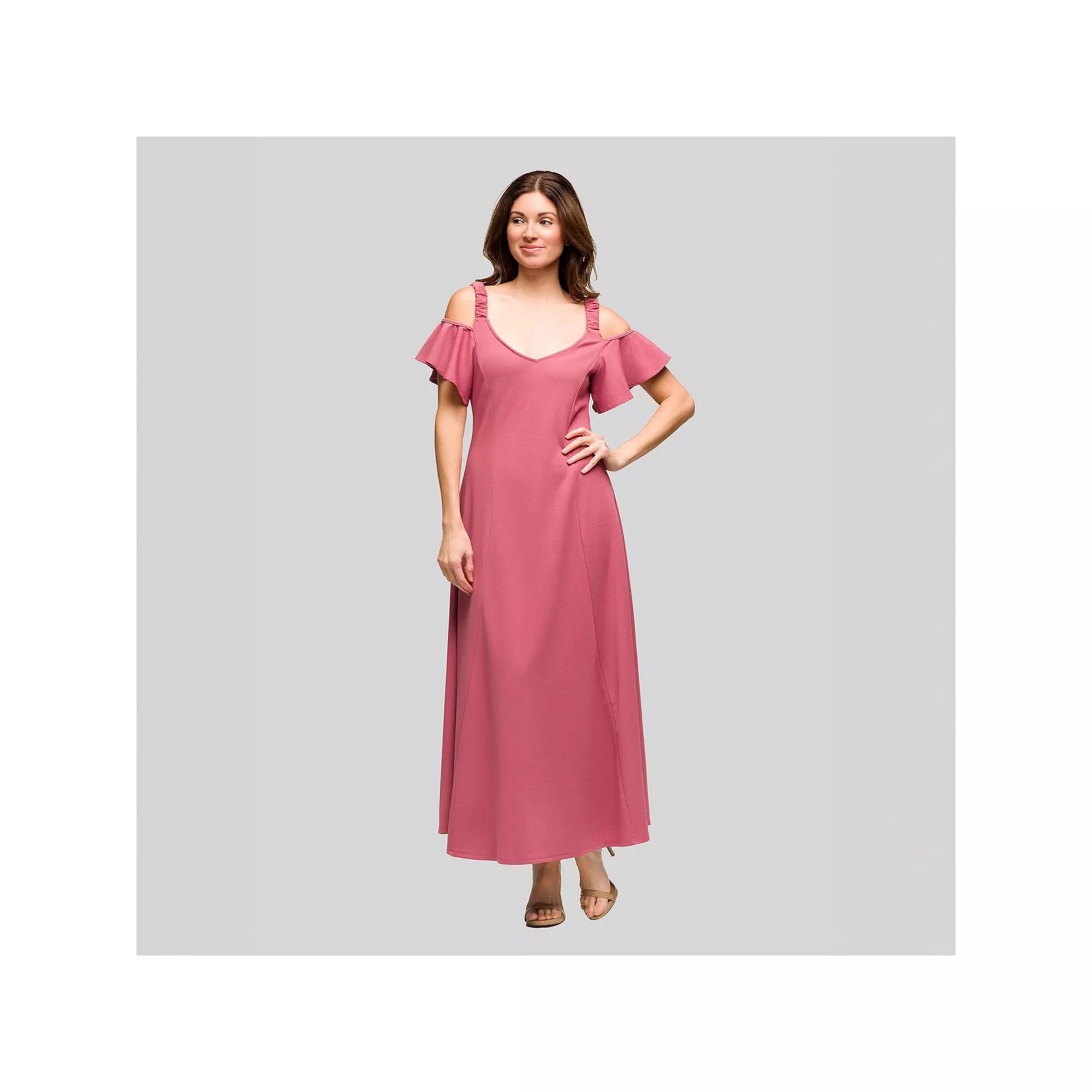 Women's 24Seven Comfort Apparel Cold Shoulder Ruffle Sleeve A-Line Maxi Dress,  Product Image