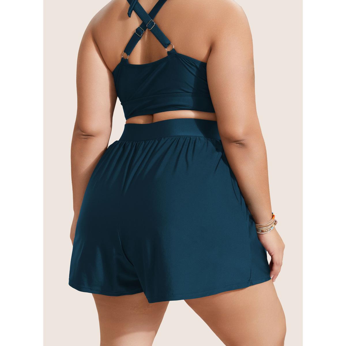 Plus Size High Waisted Pockets Solid Pleated Swim Bottom Women's Swimwear Cyan Resort Gathered High stretch Bodycon High Rise Slanted pocket Curve Swim Bottoms BloomChic 12/L Product Image