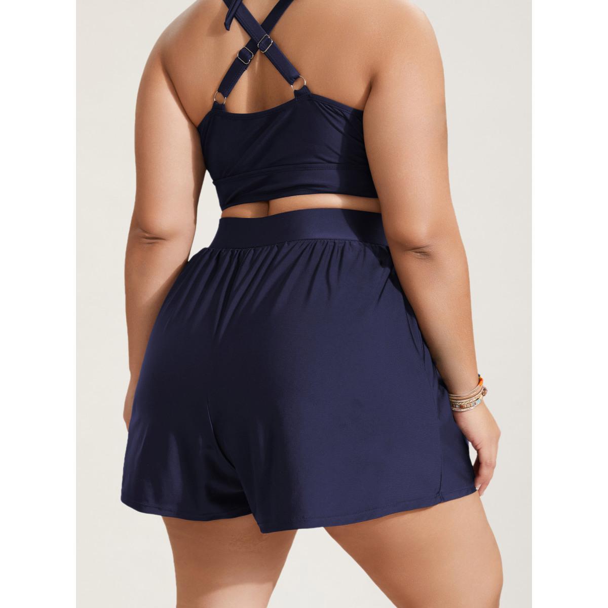 Plus Size High Waisted Pockets Solid Pleated Swim Bottom Women's Swimwear Indigo Resort Gathered High stretch Bodycon High Rise Slanted pocket Curve Swim Bottoms BloomChic 12/L Product Image