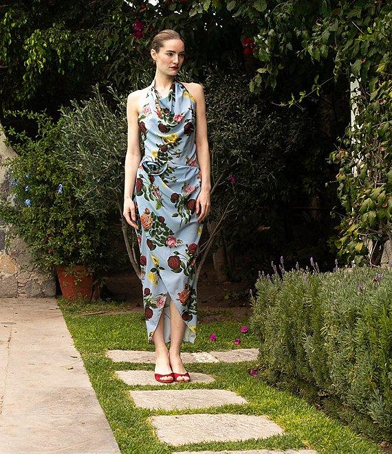 Damaris Bailey Helena Rose Print Halter Neck Sleeveless Sheath Wrap Midi Dress Product Image