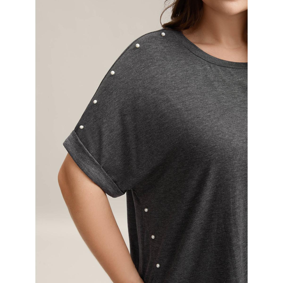 Plus Size Pearl Beaded Shoulder Plain T-Shirt DimGray Women Beaded Round Neck Loose Everyday-Casual T-shirts BloomChic 12/L Product Image