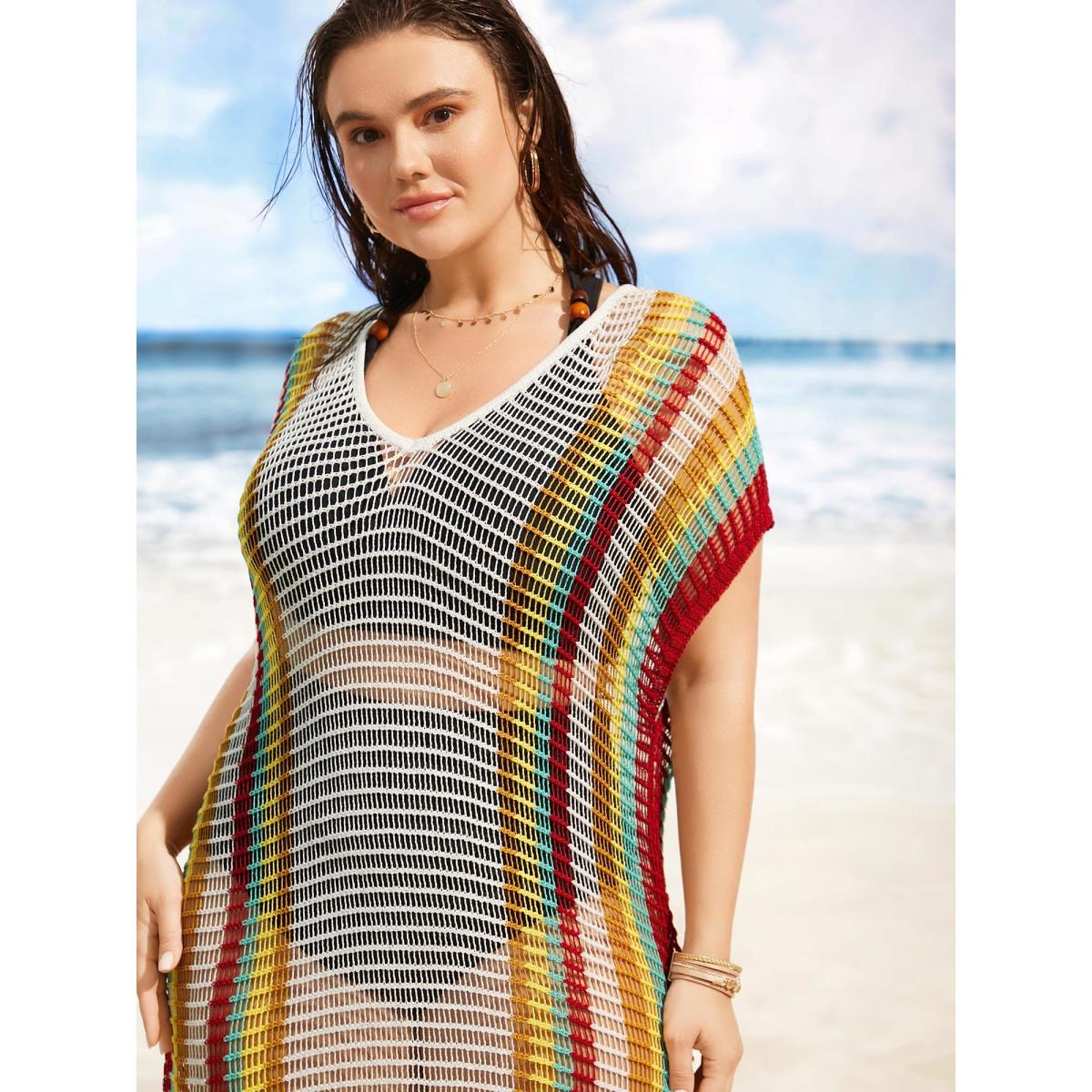 Plus Size Contrast Striped Dolman Sleeve Split Side Swim Cover Up Women's Swimwear Originalwhite Beach Loose Texture Curve Swim Cover Ups BloomChic 18-20/2X Product Image