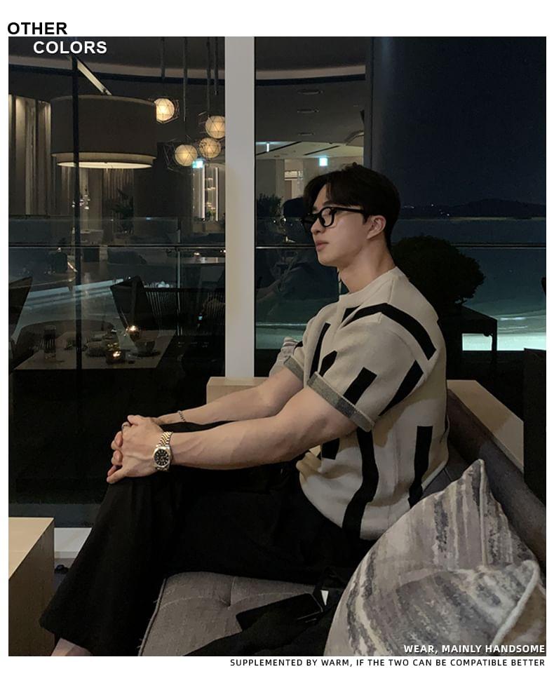 Short-Sleeve Crewneck Two Tone Knit Top Product Image