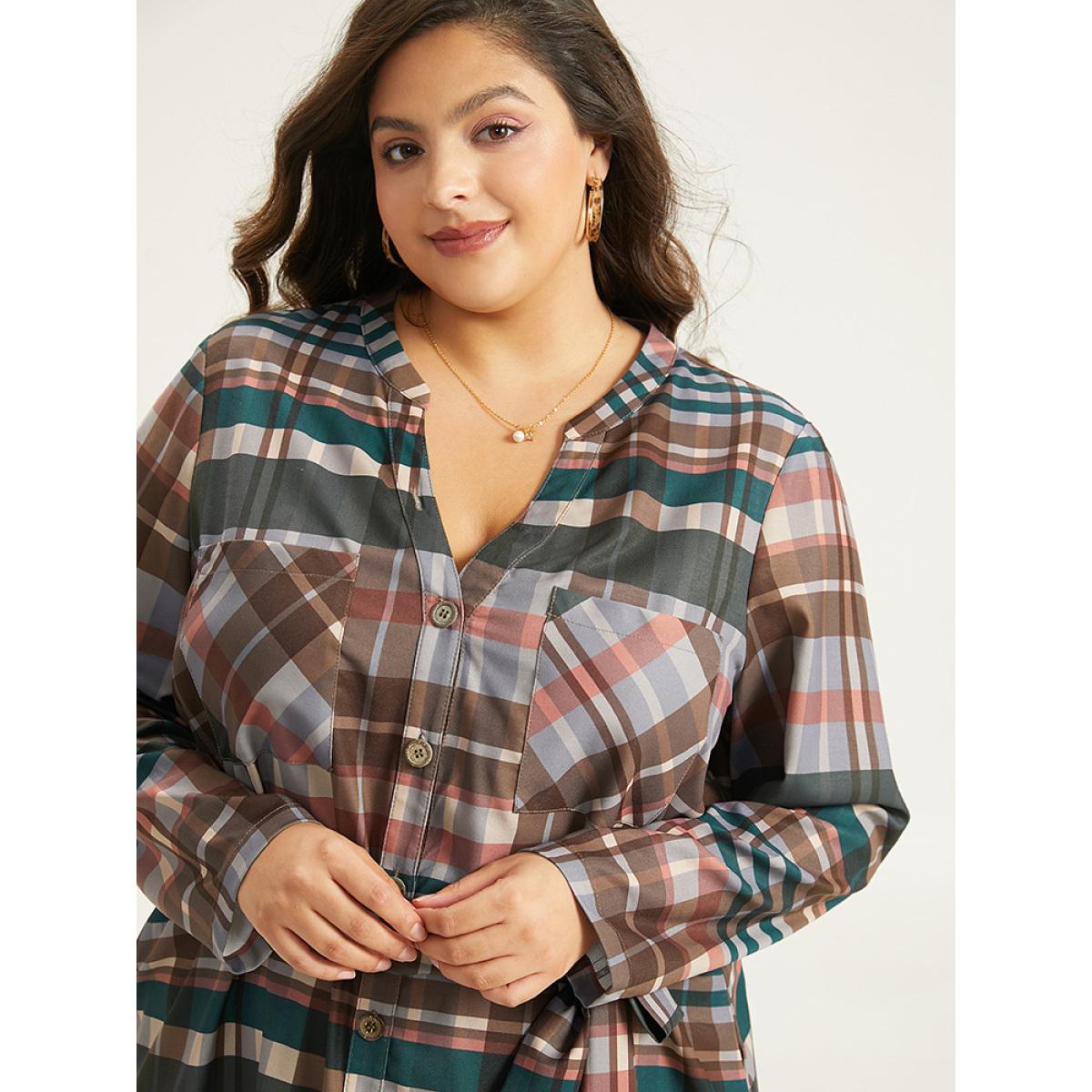 Plus Size Plaid Button Through Patched Pocket Dress Black Women Casual Belted Notched collar Long Sleeve Curvy Midi Dress BloomChic 12/L Product Image