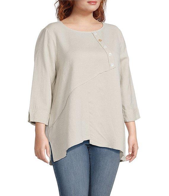 Ali Miles Plus Size Linen Blend V-Neck 3/4 Sleeve Asymmetrical Button Detail Tunic Product Image